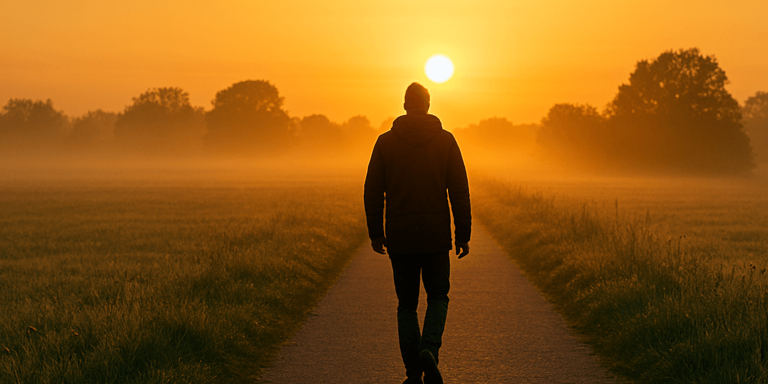 Человек идёт по тропе навстречу восходу — символ повседневной веры