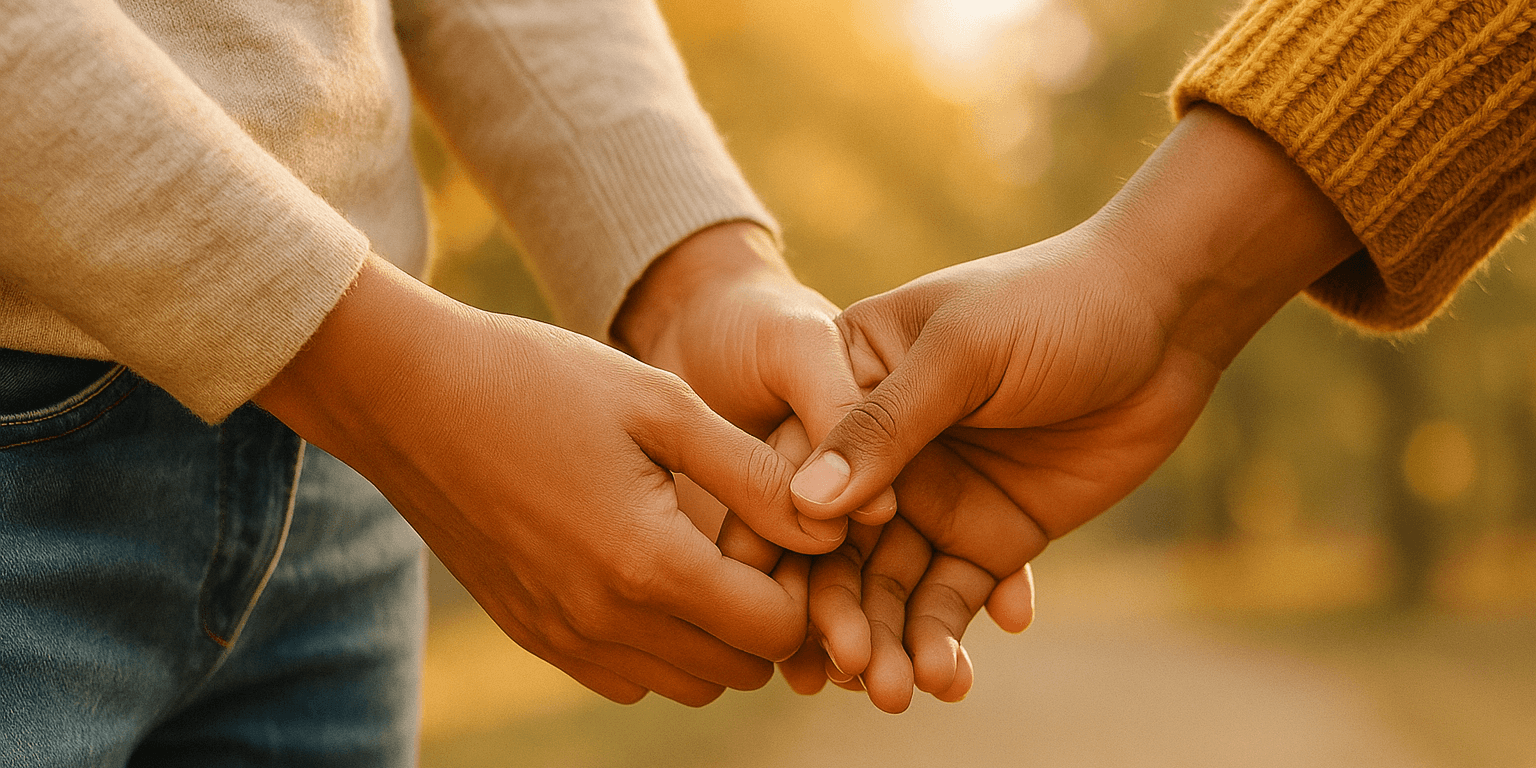 Двое держатся за руки в тёплый, поддерживающий момент